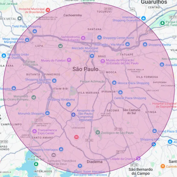 Mapa de São Paulo com um círculo marcando a área principal do atendimento domiciliar, de Guarulhos a Diadema